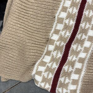 Yaira Tan Tribal Design Aztec Burgundy Striped Button Sides Poncho Shrug OS